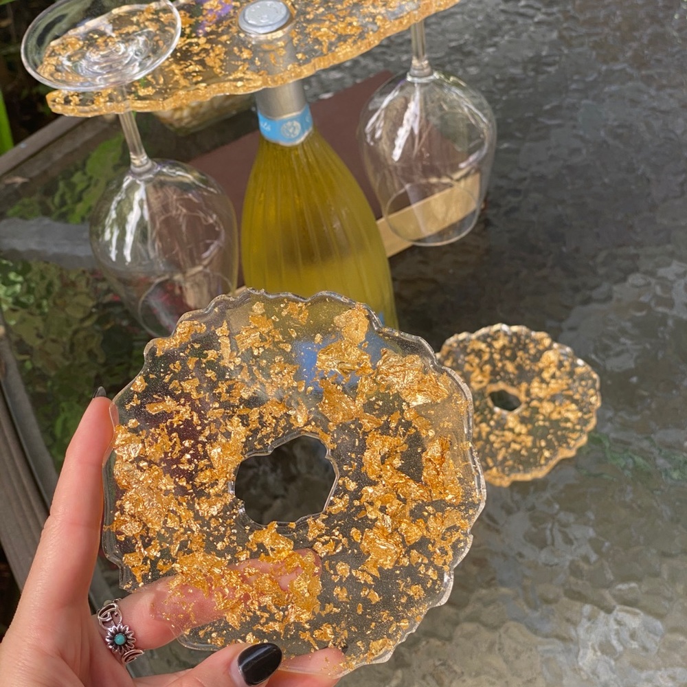 Gold Flake Wine Caddy & Coaster Set Resin Art - Picture 11 of 16